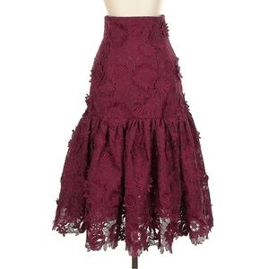 Costarellos Ruffled Guipure Lace Burgundy Midi Skirt XS luxury rare wedding